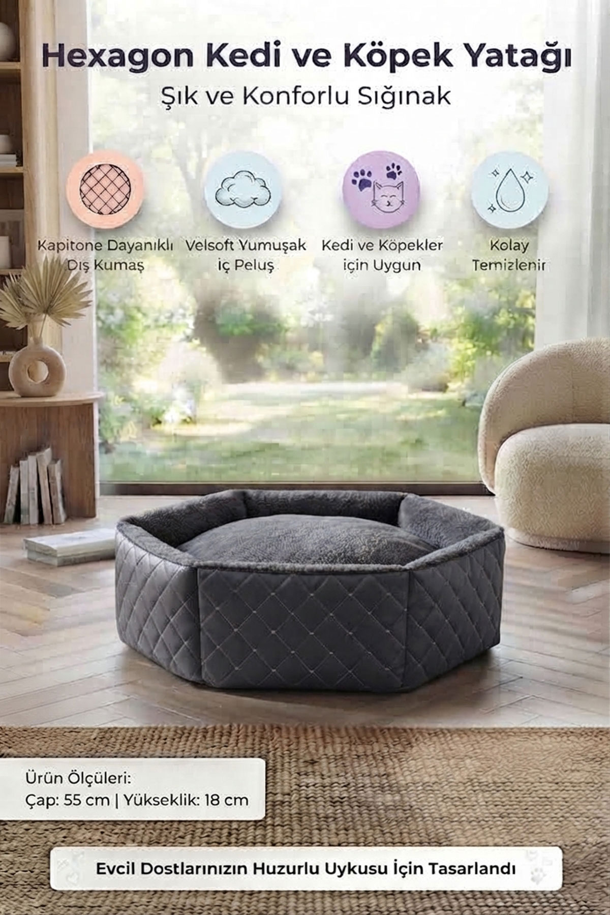 TinyPati Hexagon Peluş Deri Koyu Gri Kedi Köpek Yatağı TinyPati Hexagon Peluş Deri Koyu Gri Kedi Köpek Yatağı - Görsel 2