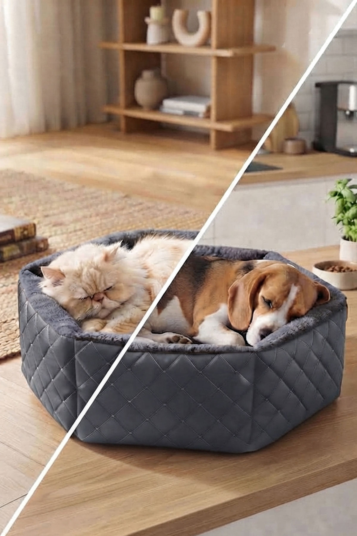 TinyPati Hexagon Peluş Deri Koyu Gri Kedi Köpek Yatağı TinyPati Hexagon Peluş Deri Koyu Gri Kedi Köpek Yatağı - Görsel 3