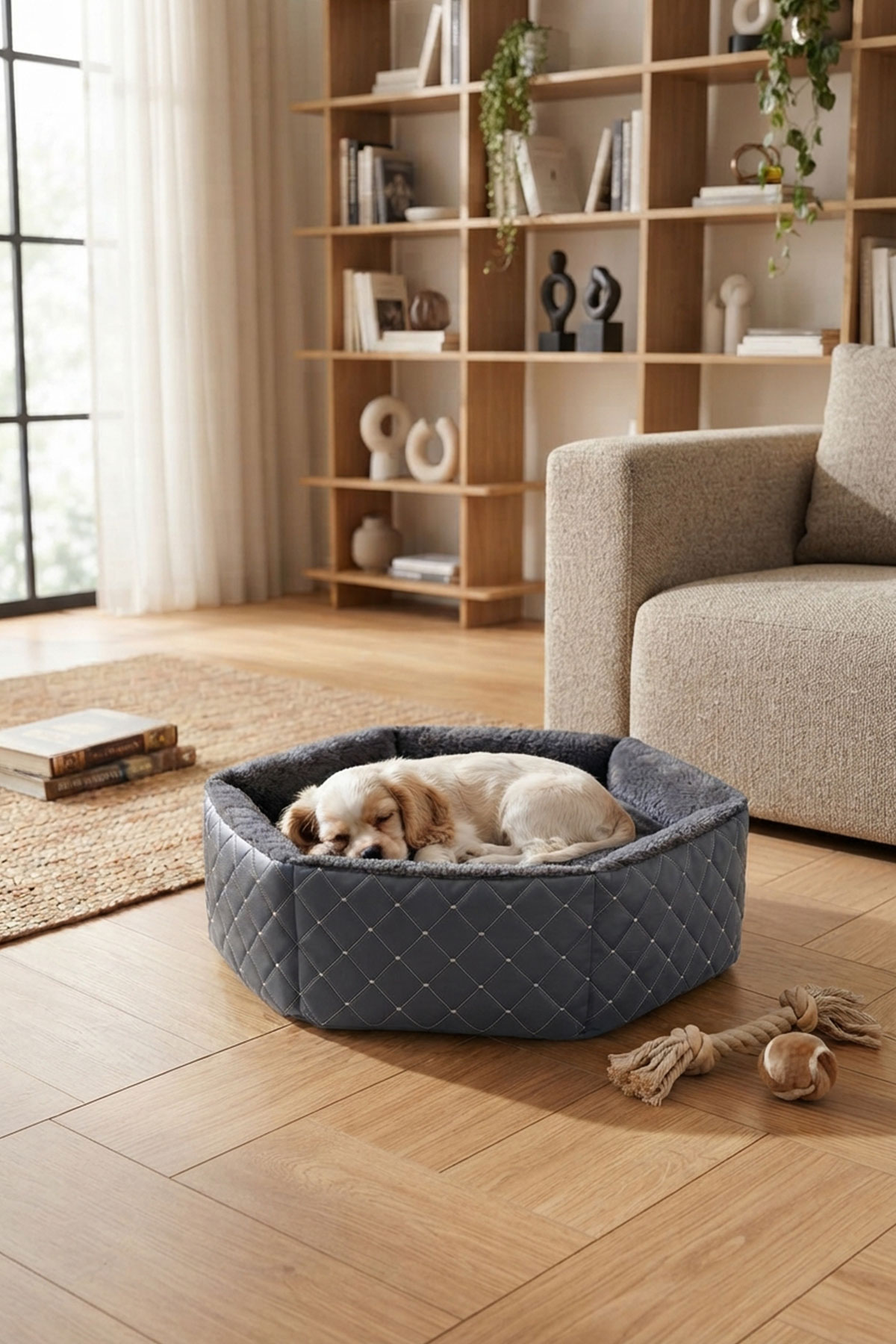 TinyPati Hexagon Peluş Deri Koyu Gri Kedi Köpek Yatağı TinyPati Hexagon Peluş Deri Koyu Gri Kedi Köpek Yatağı - Görsel 5