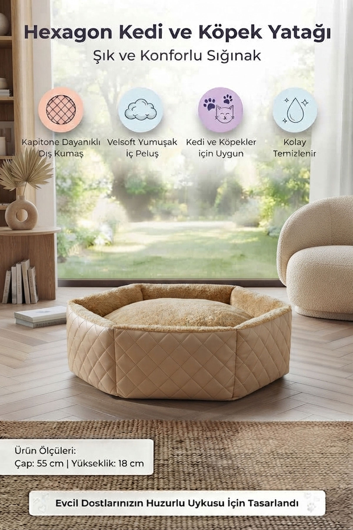 TinyPati Hexagon Peluş Deri Krem Kedi Köpek Yatağı TinyPati Hexagon Peluş Deri Krem Kedi Köpek Yatağı - Görsel 5