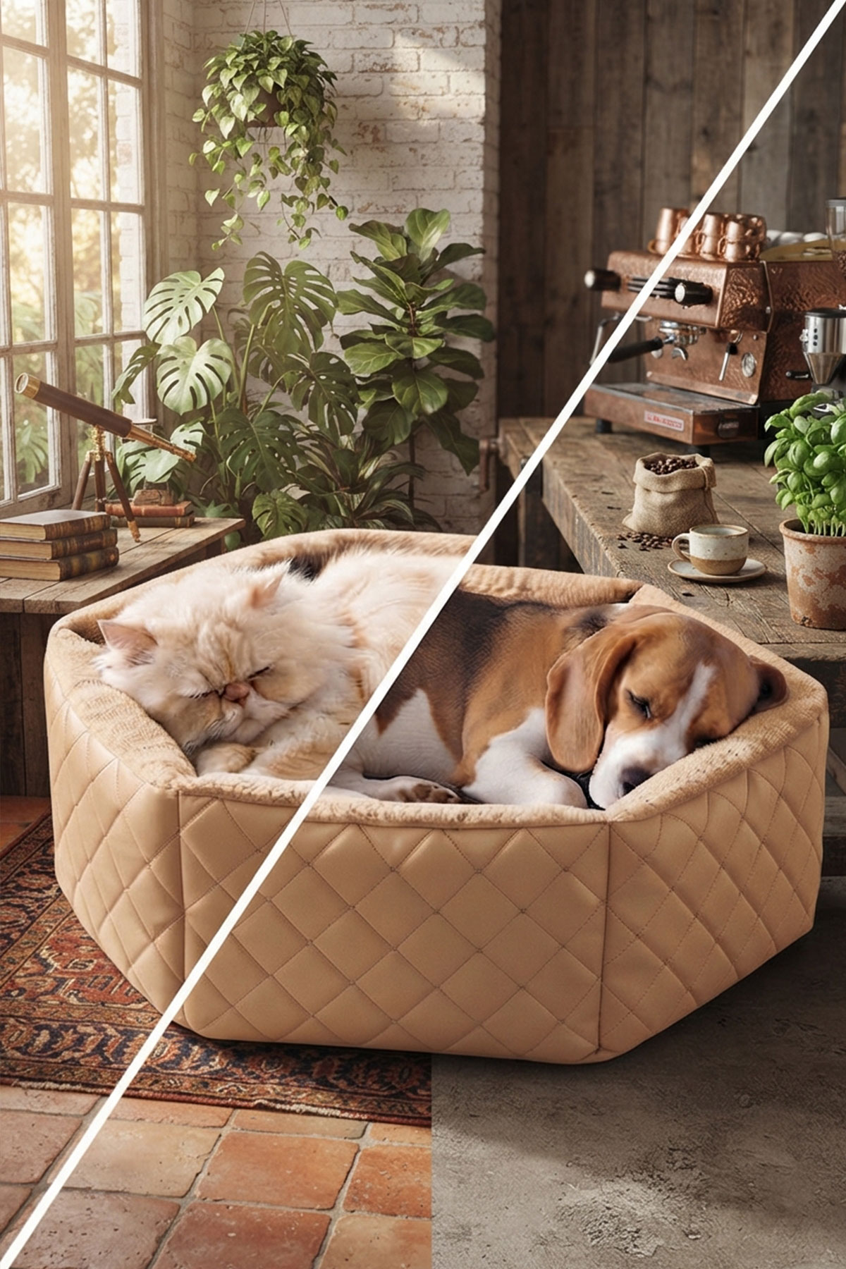 TinyPati Hexagon Peluş Deri Krem Kedi Köpek Yatağı TinyPati Hexagon Peluş Deri Krem Kedi Köpek Yatağı - Görsel 2