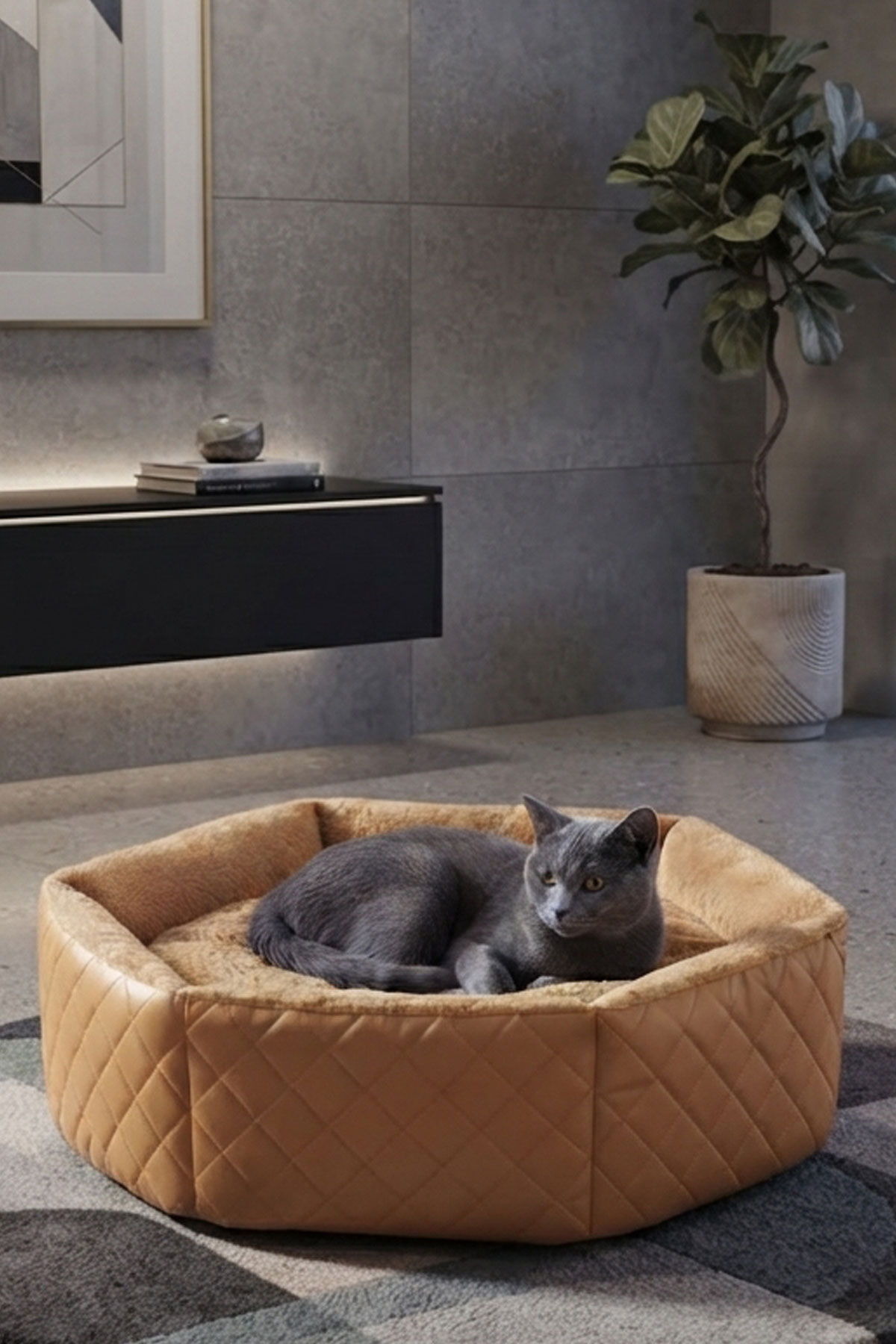 TinyPati Hexagon Peluş Deri Krem Kedi Köpek Yatağı TinyPati Hexagon Peluş Deri Krem Kedi Köpek Yatağı - Görsel 3