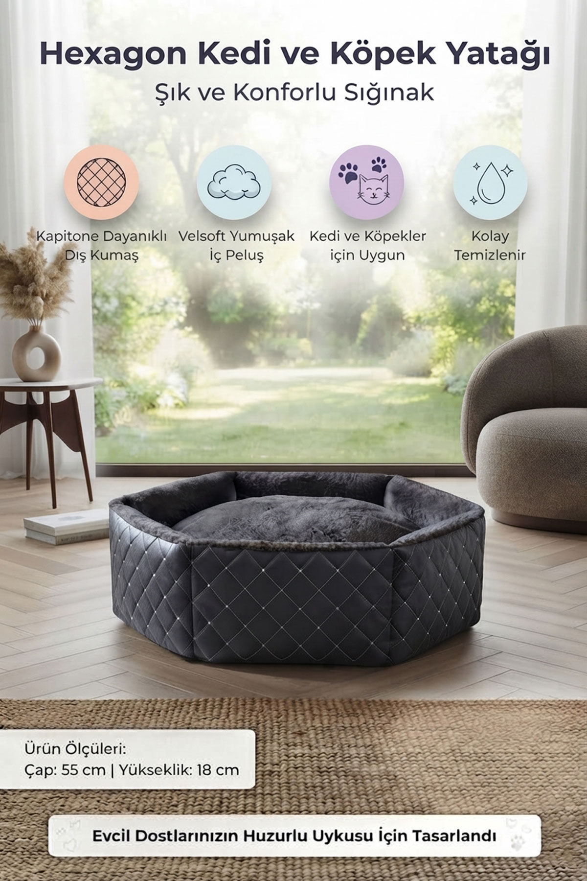 TinyPati Hexagon Peluş Deri Siyah Kedi Köpek Yatağı TinyPati Hexagon Peluş Deri Siyah Kedi Köpek Yatağı - Görsel 5
