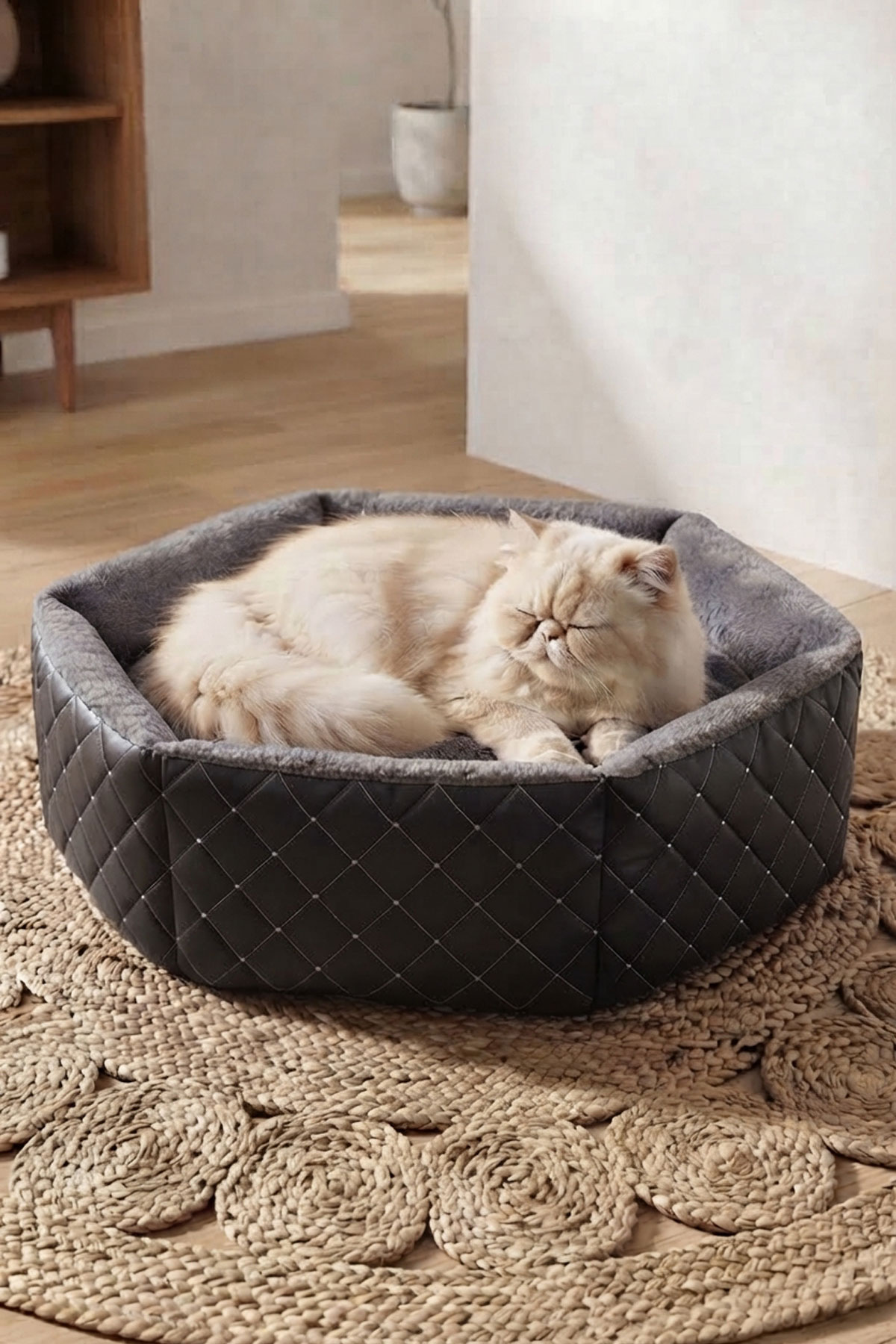 TinyPati Hexagon Peluş Deri Siyah Kedi Köpek Yatağı TinyPati Hexagon Peluş Deri Siyah Kedi Köpek Yatağı - Görsel 4