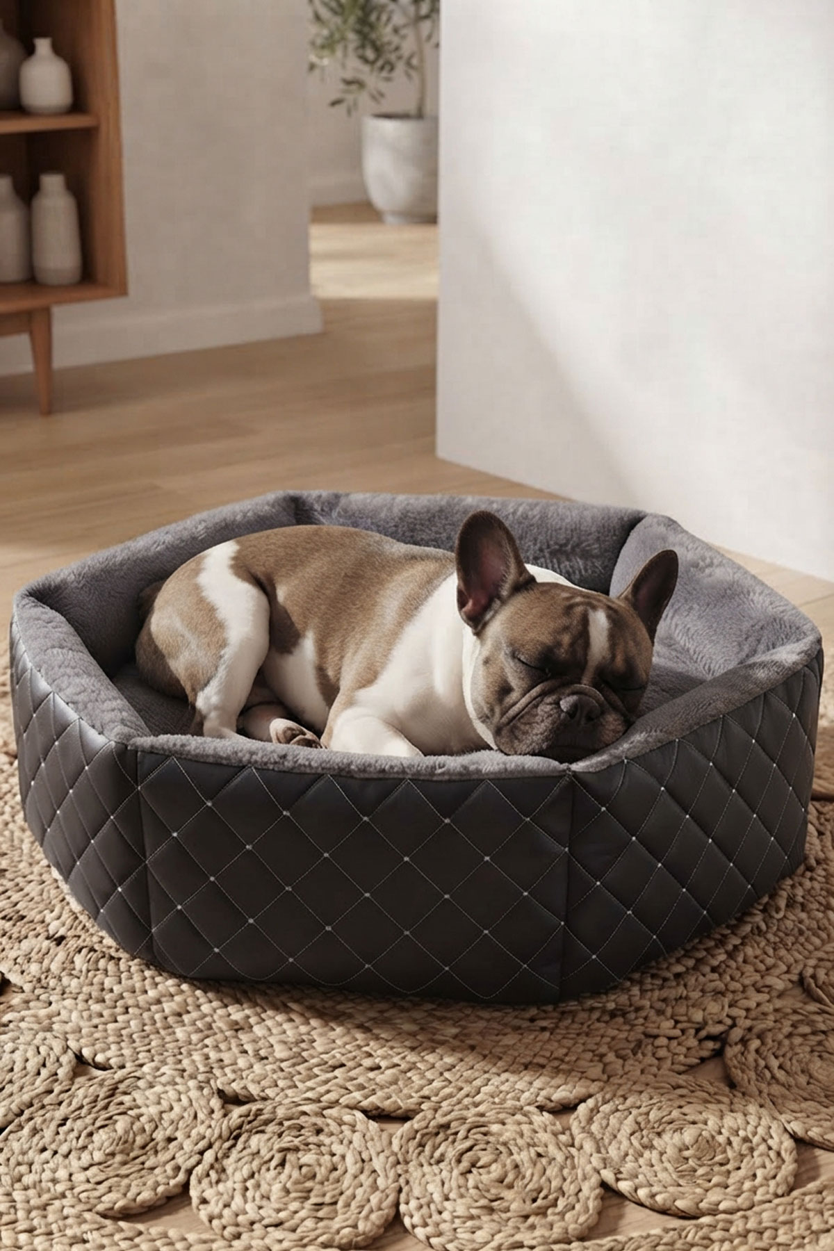 TinyPati Hexagon Peluş Deri Siyah Kedi Köpek Yatağı TinyPati Hexagon Peluş Deri Siyah Kedi Köpek Yatağı - Görsel 2