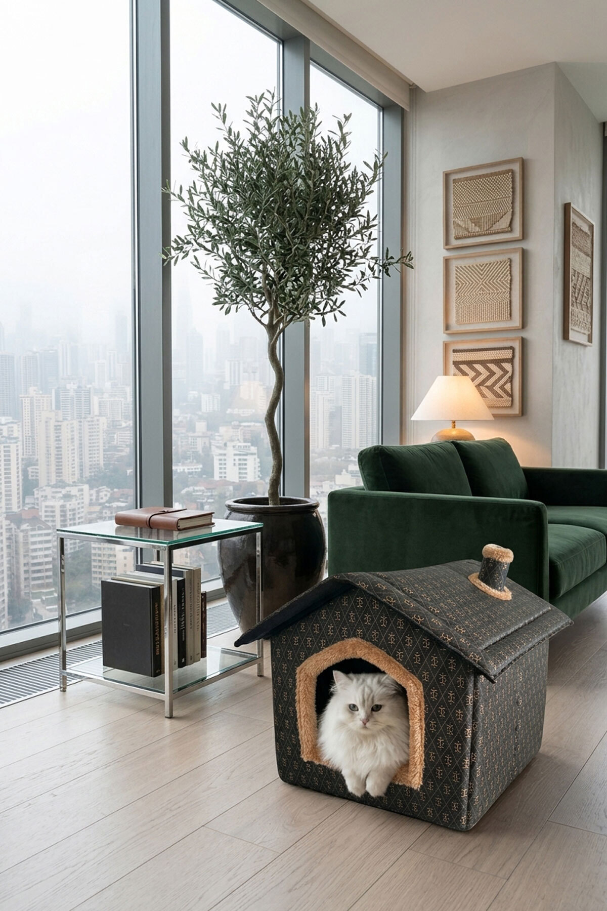 TinyHouse Bacalı Deri Kedi ve Köpek Evi – 40x40x40 CM Katlanabilir, Fermuarlı Çatılı ve Yıkanabilir Minderli